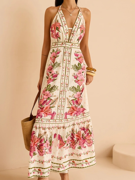 Commense Dresses & Skirts - Commense Cream Maxi Dress with Pink Floral Print size XS new with tags